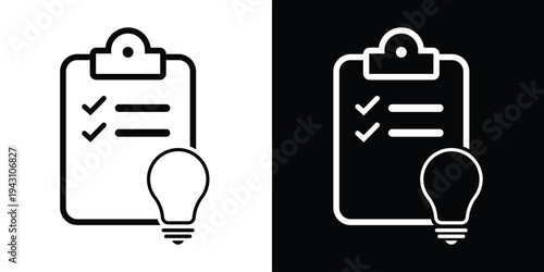 Creative planning and project management icon. A clipboard with a checklist and a lightbulb, representing innovative ideas, strategic tasks, brainstormed goals, and smart solutions.