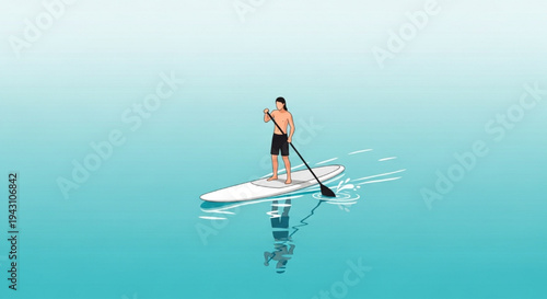 Young man standing on paddleboard paddling on turquoise sea vector illustration