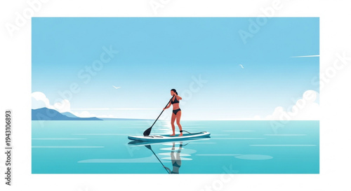 Young woman paddleboarding on calm sea with distant mountain background vector illustration