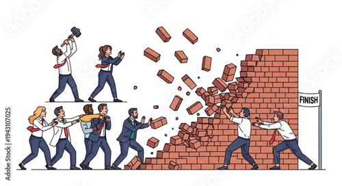 Men Demolishing Brick Wall with Tools.