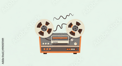 Orange and beige vintage reel to reel tape recorder music equipment vector illustration