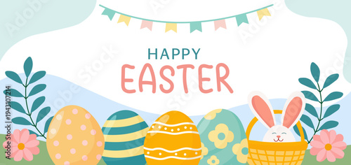 Happy Easter. Trendy Easter design with typography, eggs and bunny in pastel colors.Cute flat style. Horizontal poster, greeting card, header for website. Simple vector illustration.