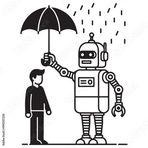 Minimalist Line Art Robot Holding Umbrella Over Person in Rain