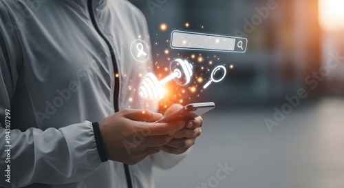Person holding a smartphone with glowing search icons for digital marketing and seo concepts.