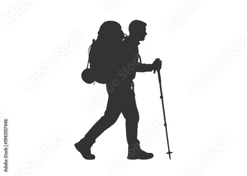Hiker with backpack and trekking pole silhouette mountain hiking man.