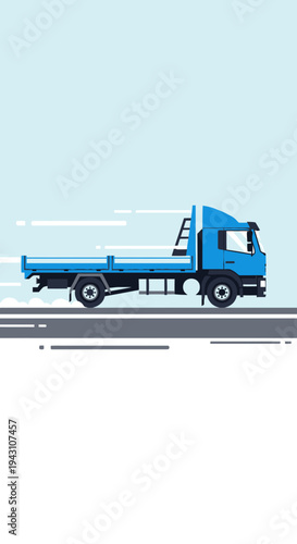 Modern Blue Flatbed Truck Moving Swiftly Through Landscape
