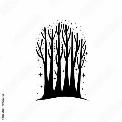 Enchanted bare forest trees silhouette with sparkling stars vector illustration. Mystical woodland scene, dreamy night art.