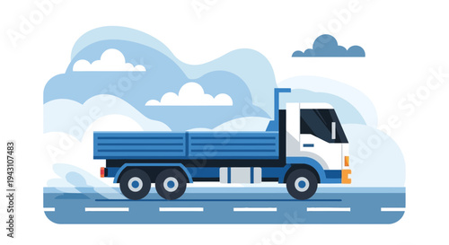 Modern Blue Flatbed Truck Delivering Goods On A Highway During Daytime