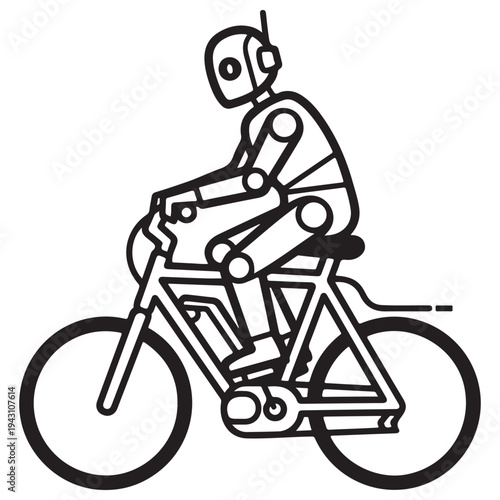 Minimalist Black and White Line Art Robot Riding Electric Bicycle