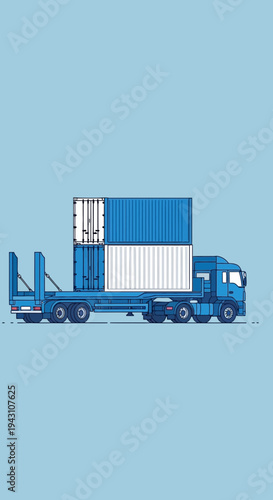 Modern Blue Truck Transporting Shipping Containers On Sky Blue Background