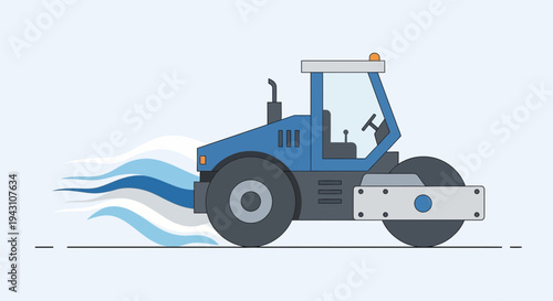 Modern Blue Steamroller Machine Moving Fast with Blue Smoke Effect