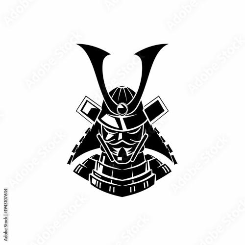 Samurai Helmet and Mask Illustration - Japanese Warrior Kabuto Menpo Symbol in Black and White Vector Art
