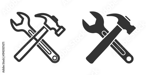 Hammer and wrench tools set silhouette for repair and construction service.