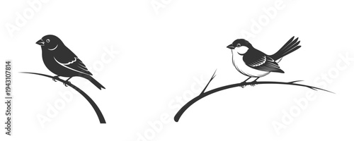 Small birds sitting on tree branch silhouette set for nature illustration.