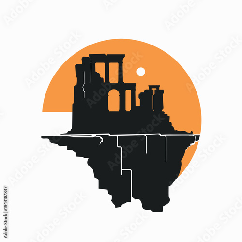 Ancient temple ruins silhouette on a floating island with sunset or sunrise vector illustration. Fantasy ancient civilization landscape.