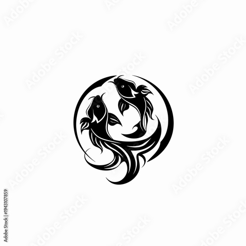 Black and white tribal fish symbol, artistic circular design representing balance, harmony, or a zodiac sign element
