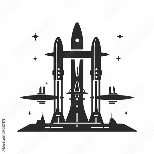 Futuristic spaceport illustration with rockets and spaceships, black and white sci-fi launchpad concept icon