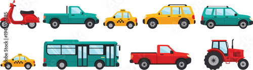 Cartoon transport vehicles set including scooter, pickup truck, taxi, bus and tractor colorful vector collection for transportation and travel design