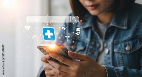 Woman using her smartphone to search for medical information with digital healthcare icons.
