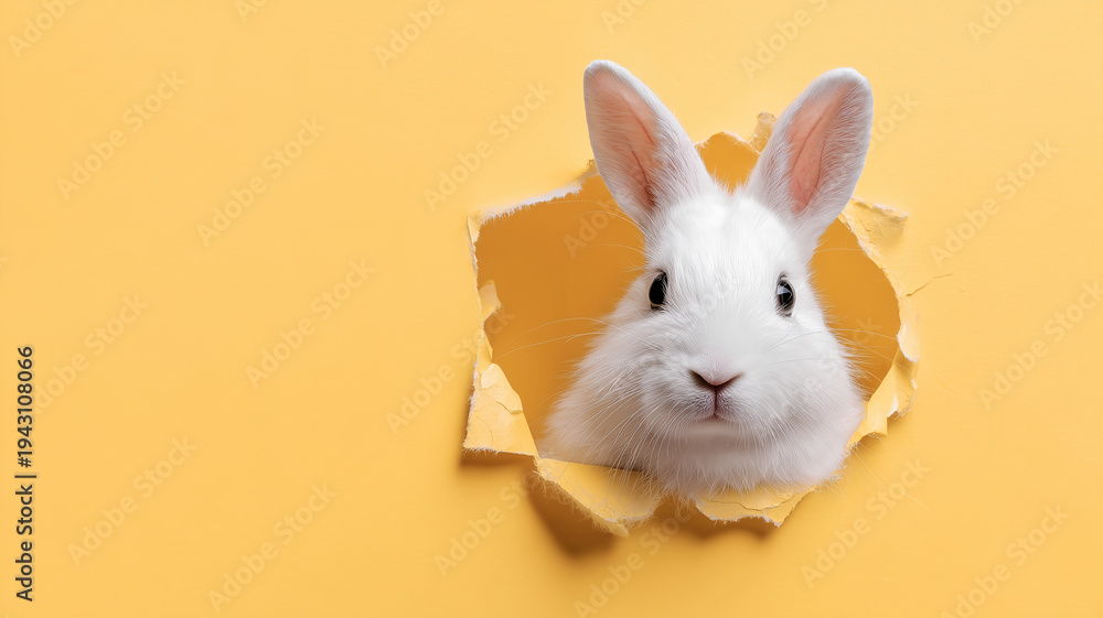 Obraz premium Adorable white bunny peeking through a torn hole in vibrant yellow paper. Creative Easter greeting card concept, spring celebration, and pet animal portrait with copy space.