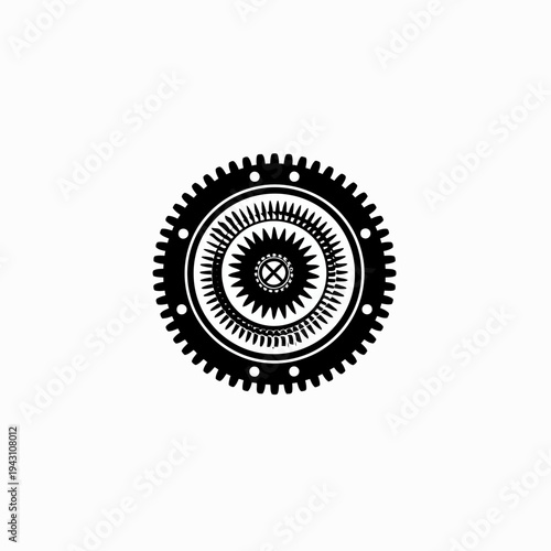 Intricate black gear mechanism vector illustration. Detailed cogwheel icon symbolizing connection, engineering, and industrial precision.