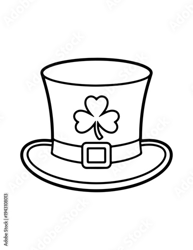 A black and white illustration of a leprechaun's hat with a shamrock