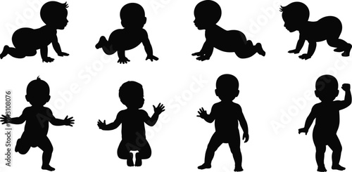 Baby Silhouettes Set, Crawling Sitting And Standing Infant Child Development Stages Black And White Isolated Illustration Collection