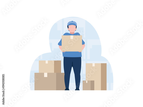 Delivery person holding a package with stacks of boxes around him, flat illustration