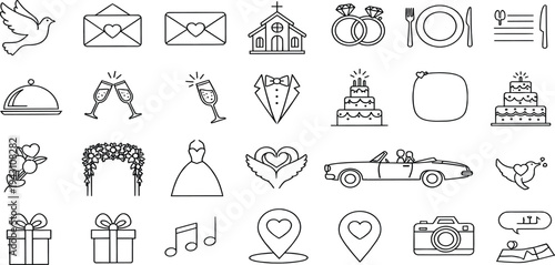 Wedding Line Icon Set with Bride Dress, Rings, Church, Champagne Glasses, Gifts, Love Letters and Romantic Marriage Celebration Symbols