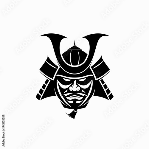 Stylized Black Samurai Warrior Helmet and Mask Vector Illustration, Ancient Japanese Traditional Military Headgear Icon