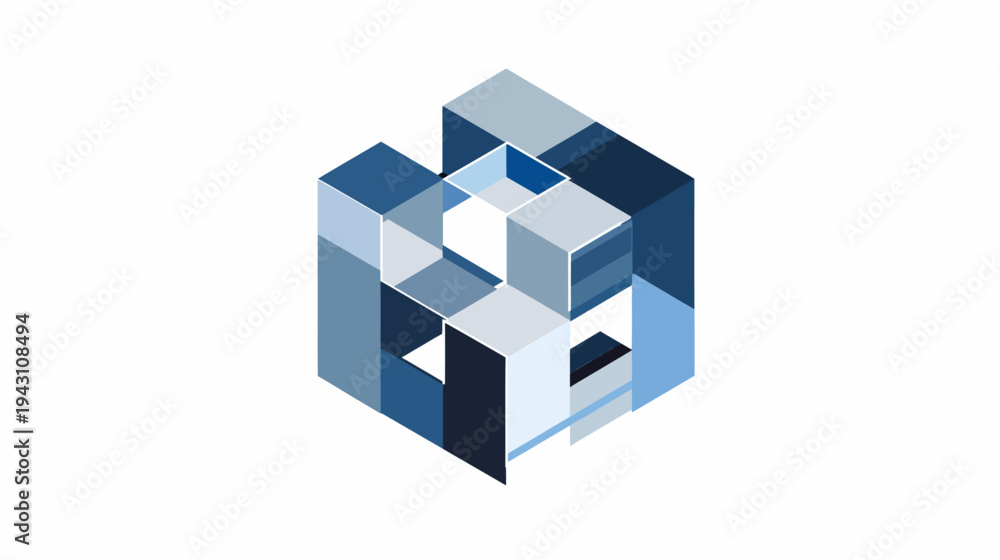 Fototapeta premium Abstract Isometric Blue Geometric Cube Structure. Modern 3D digital data technology concept, connection, network, innovation.