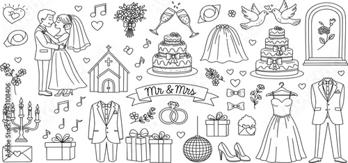 Wedding Love Line Icon Set with Bride and Groom, Cake, Champagne, Church, Rings, Dress, Suit and Romantic Marriage Celebration Elements