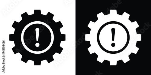 Industrial error or system alert icon. A bold gear silhouette with a central exclamation mark, symbolizing mechanical failure, maintenance warnings, or technical troubleshooting settings.