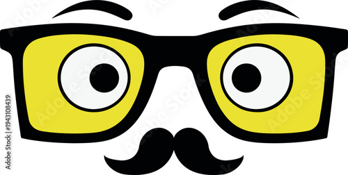 Cartoon eyes in glasses with raised eyebrows and moustache. Stylized yellow eyes inside black eyeglasses with graphic facial details on white background. Minimal vector illustration.