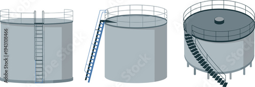 Industrial storage tanks with ladders and stairs, oil refinery containers and fuel reservoirs isolated flat vector illustration set