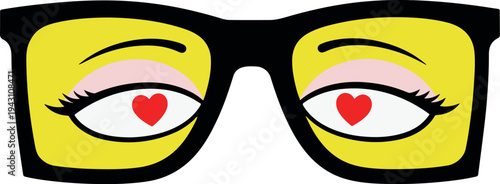 Cartoon eyes with heart pupils in glasses. Stylized yellow eyes with red heart shapes in the pupils inside black eyeglasses. Minimal vector illustration.