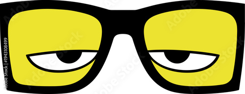 Cartoon sleepy eyes in glasses. Stylized yellow eyes with a tired expression inside black eyeglasses on a white background. Minimal vector illustration.