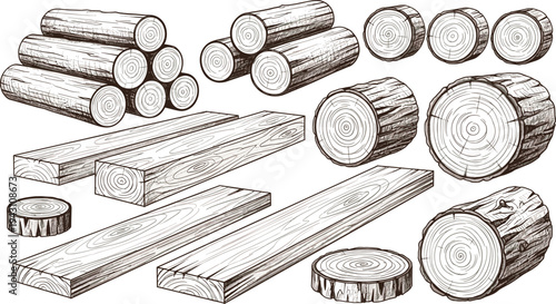 Detailed Hand-Drawn Wood Logs and Lumber Planks Set for Construction Projects Woodworking Industry Architectural Designs and Natural Forestry Texture Backgrounds