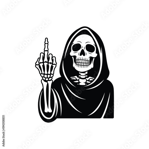 Hooded Grim Reaper Skeleton Raising Middle Finger Gesture.