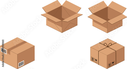 Set of Cardboard Shipping Boxes in Various Isometric Positions Including Open and Closed Packages for Logistics, E-commerce, Delivery Services, and Warehouse Design Projects