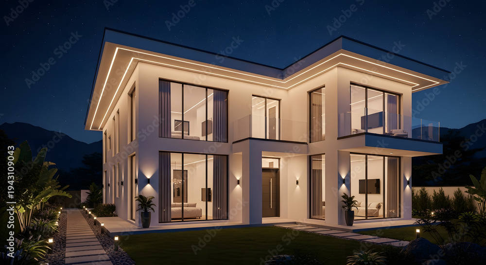 Fototapeta premium Modern luxury residential house architecture features a new urban facade and illuminated windows against a dark city sky