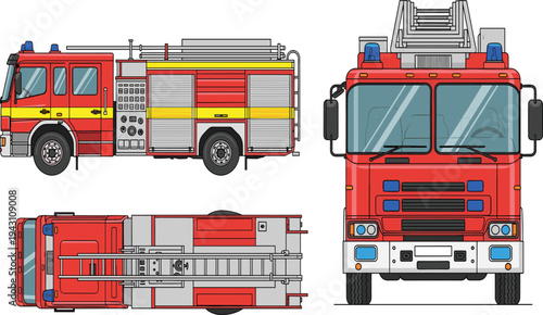 Fire truck emergency rescue vehicle with ladder multiple views side front and top detailed firefighting transport vector illustration isolated