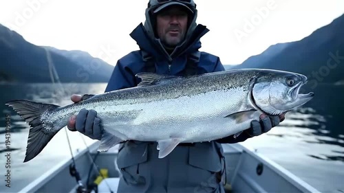 Fisherman Holding Large Silver Salmon on Boat