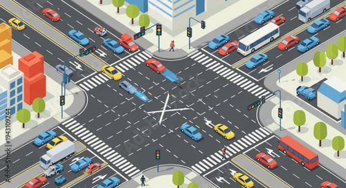 Isometric City Intersection with Cars and Pedestrians.