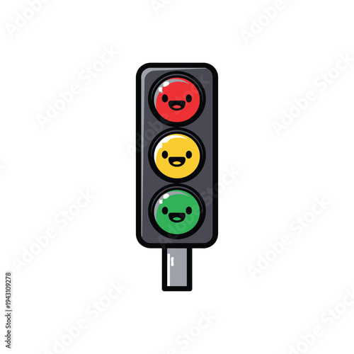 Cartoon traffic light with red yellow green smiling faces.