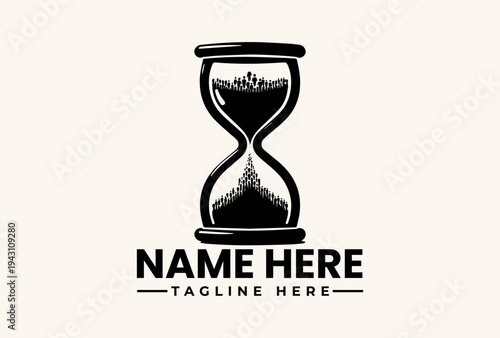A black and white illustration of an hourglass with sand flowing, accompanied by placeholder text for a name and tagline on a clean background, featuring a vector logo design.