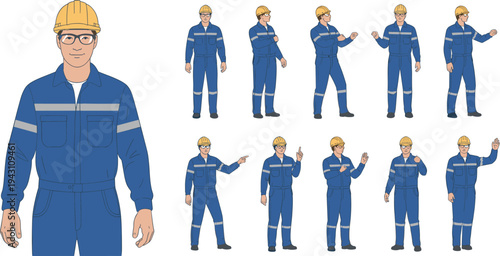 Industrial worker character set with safety helmet, engineer in blue uniform showing different poses for construction, manufacturing and factory work