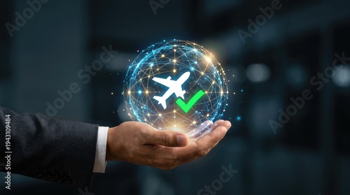 Businessman holding a glowing sphere with an airplane and a checkmark, symbolizing approved travel or flight booking.