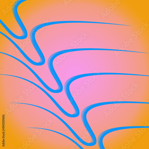 Abstract Pink Orange Gradient Background with Blue Wave Lines