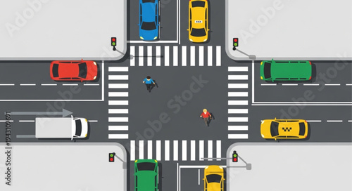 Aerial View of a Busy City Intersection with Pedestrians.